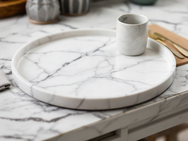 Vassoio Rotondo in Marmo Bianco di Carrara con venature uniche, accessorio elegante per la tavola.