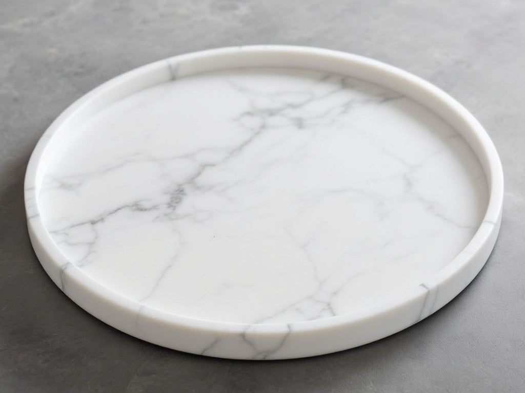 Vassoio Rotondo in Marmo Bianco di Carrara con venature uniche, accessorio elegante per la tavola.