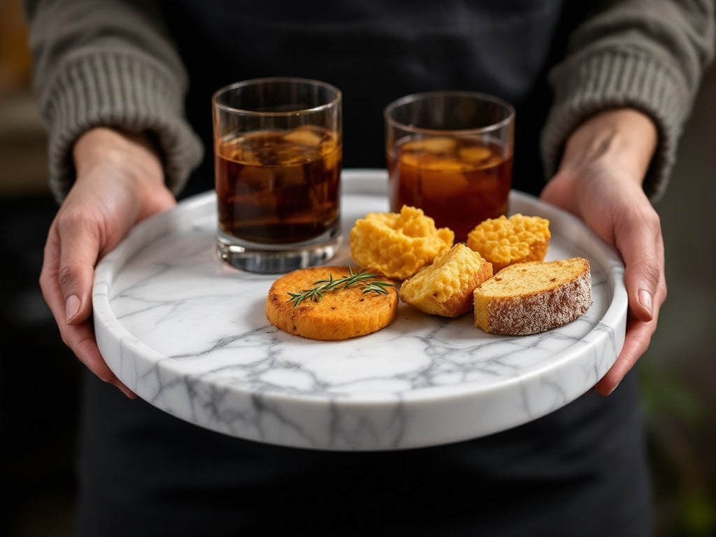 Vassoio Tondo in Marmo Bianco con venature uniche, accessorio elegante per la tavola.