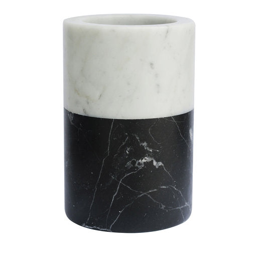 Vaso Bicolor Cylinder in Marmo Bianco Carrara e Nero Marquina con venature uniche, decorazione elegante per la casa.